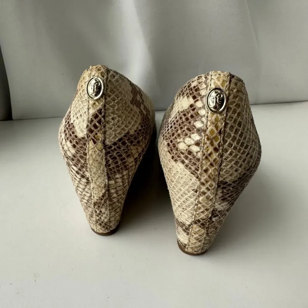 Ivanka Trump (8.5) Neutral Snakeskin Open Toe Sandal Wedge Heels